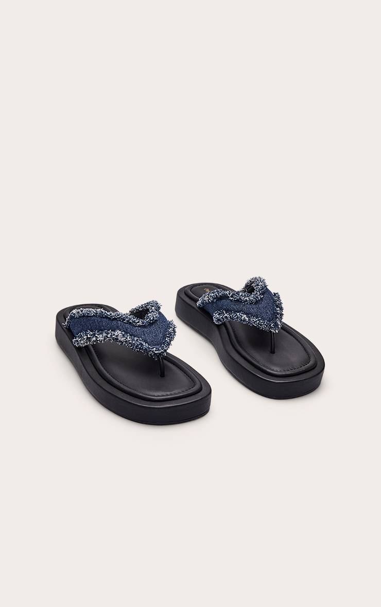 Bleu Sandales Compensées À Entredoigt En Denim Effiloché