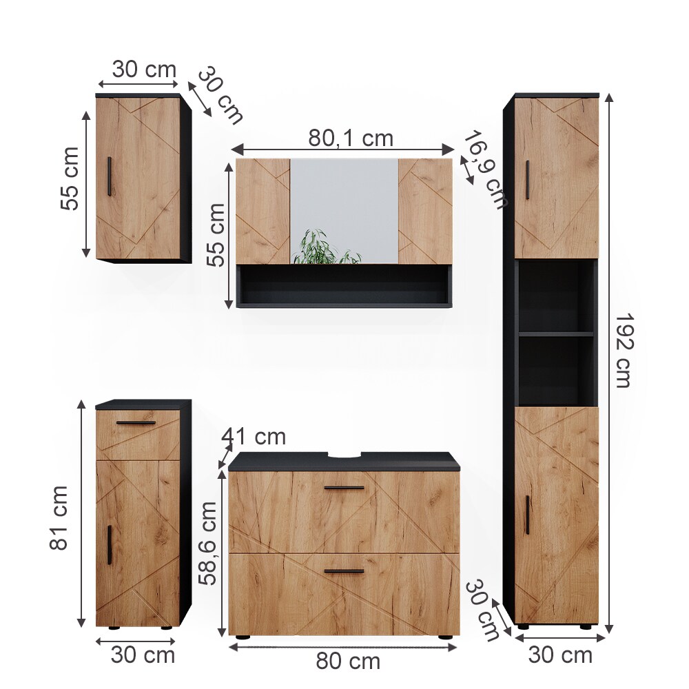 Vicco Badmöbelset Irma Anthrazit Eiche modern 80 cm 30 cm Badezimmerschrank Badschrank Badezimmermöbel Waschtischunterschrank Spiegelschrank Hochschrank Midischrank Hängeschrank Tür Schublade
