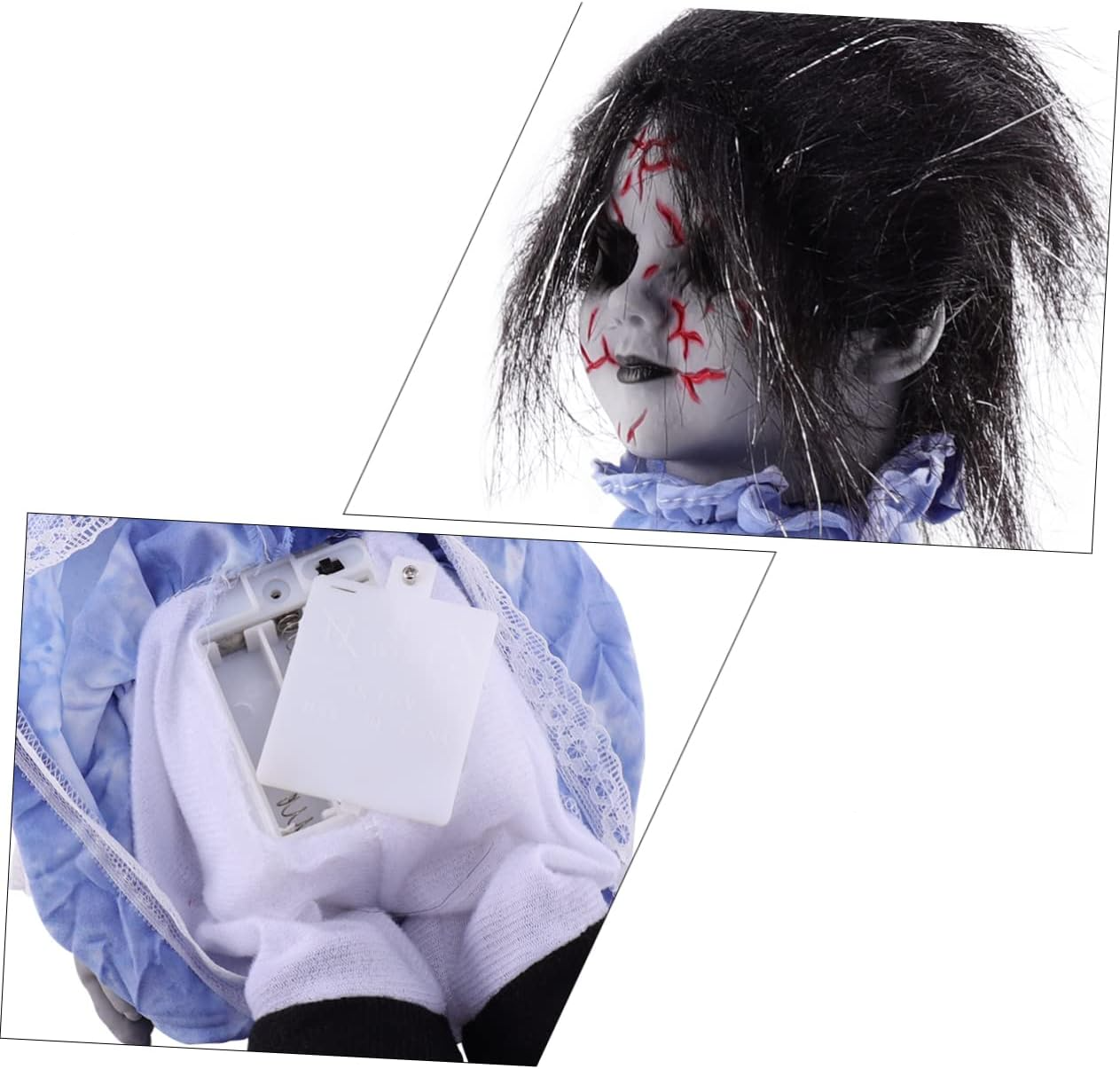 (30cm) Halloween Horror Puppe Party Deko Laufende Babypuppe mit Grusel Musik / Licht (Batteriebetrieben) - Blau / Schwarz