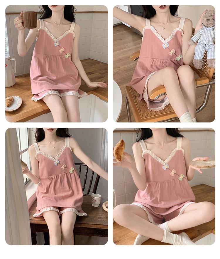 Sweetzer - Pyjamaset: Tanktop met contrasterende rand, strik en knopen + shorts