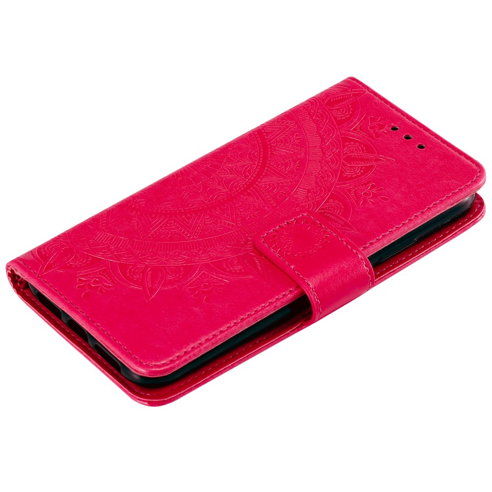 iPhone 13 Pro Leder Tasche Wallet - Mandala Flowers Imprint - Rot / Pink