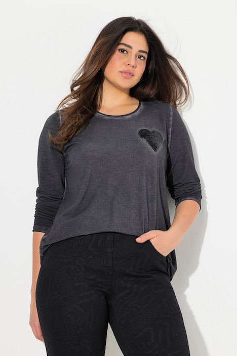 Shirt, cold dyed, Pailletten-Herz, V-Ausschnitt, Langarm
