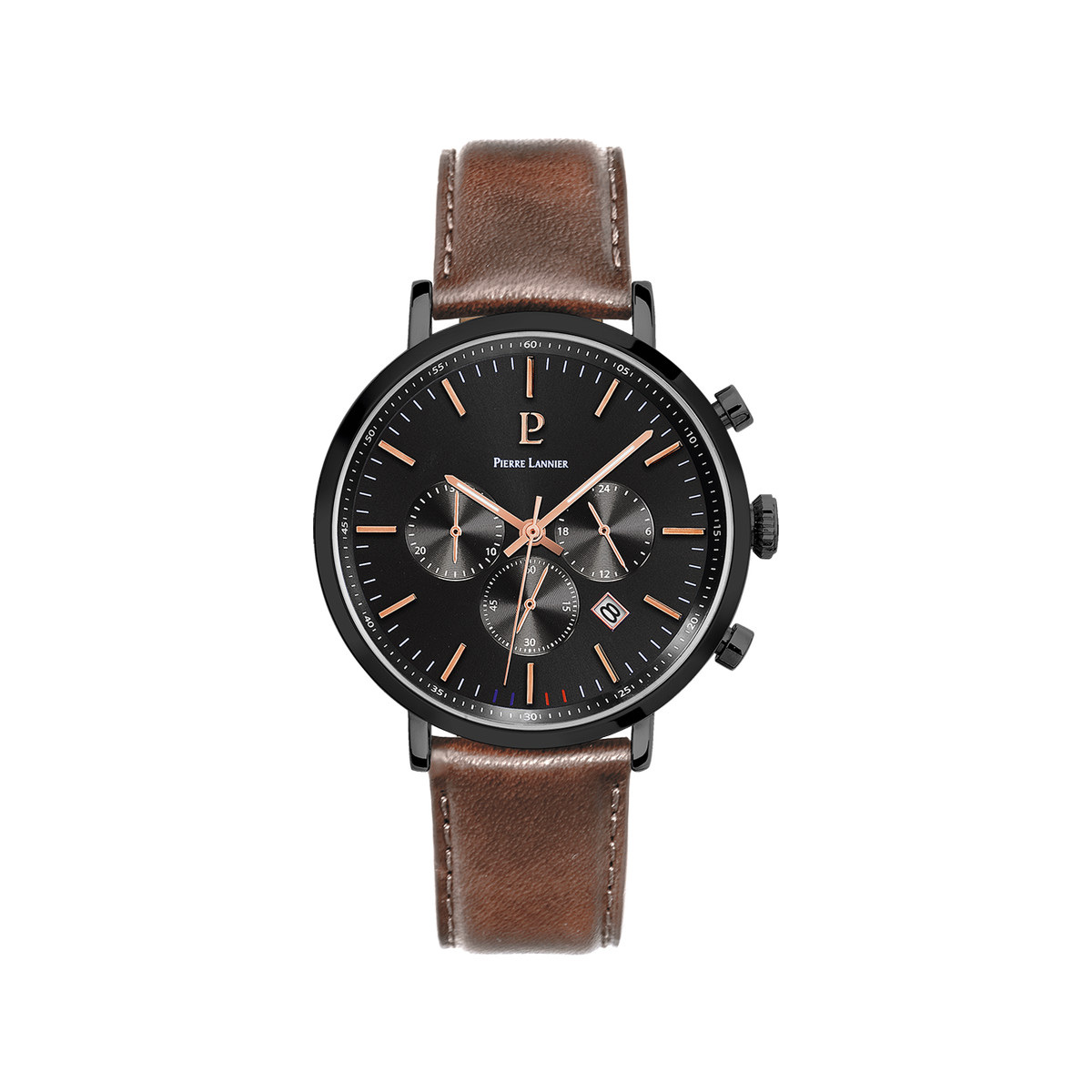 Montre Pierre Lannier homme acier noir bracelet cuir marron
