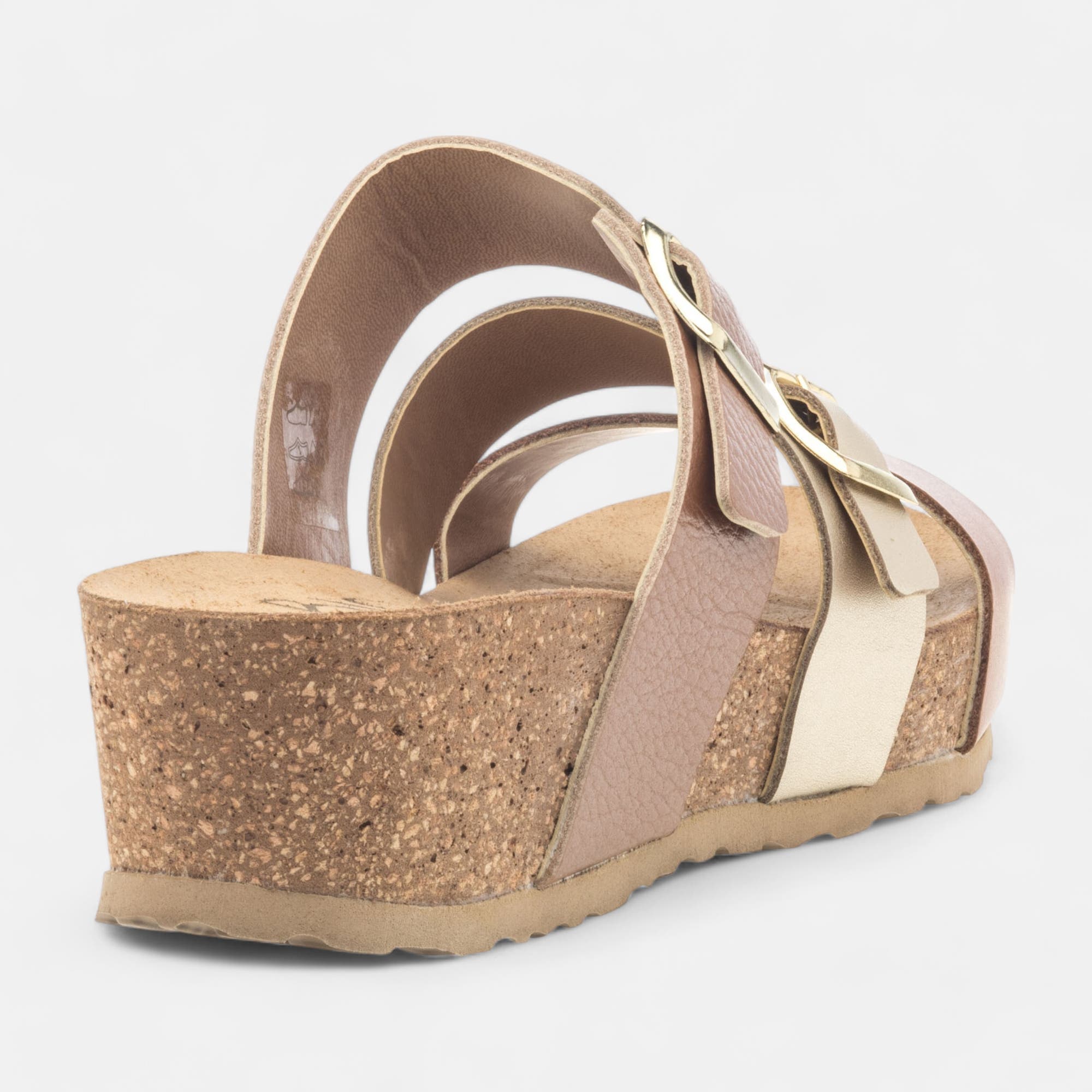 Mules semelle liège à talon compensé Femme en cuir cognac