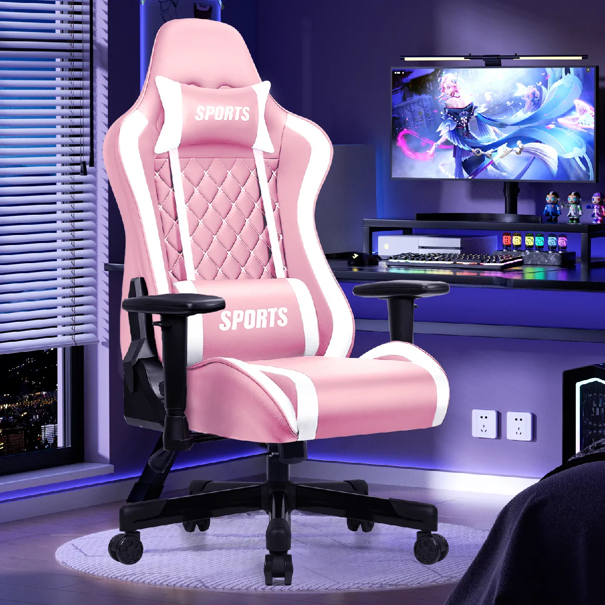 Lexzurn Chaise Gaming - Rose/Blanc