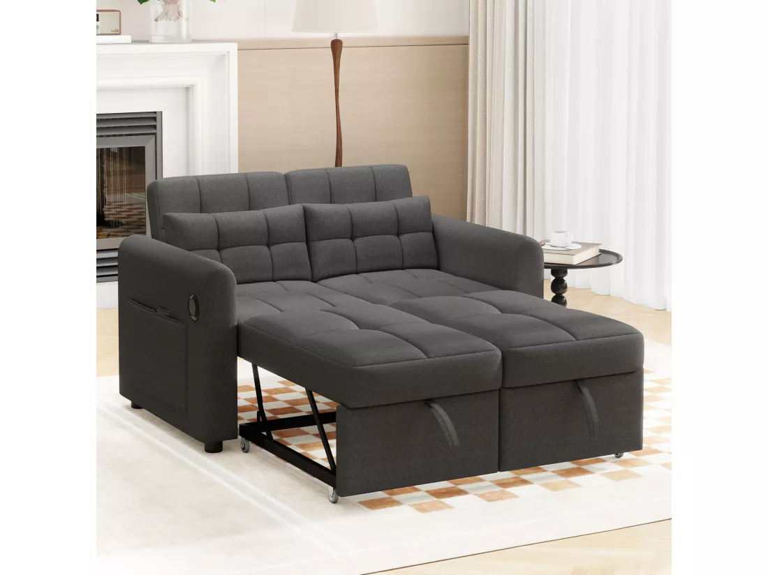 Canapé convertible 2 places en tissu lin avec dossier réglable et prise USB, canapé-lit - 142 x 85 x 83 cm - Fonction sommeil - Gris