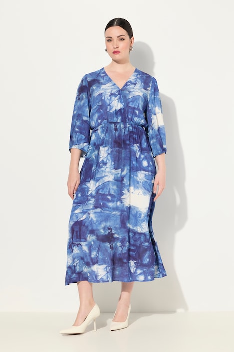 Maxikleid, Batikmuster, Wickeloptik, V-Ausschnitt, 3/4-Arm