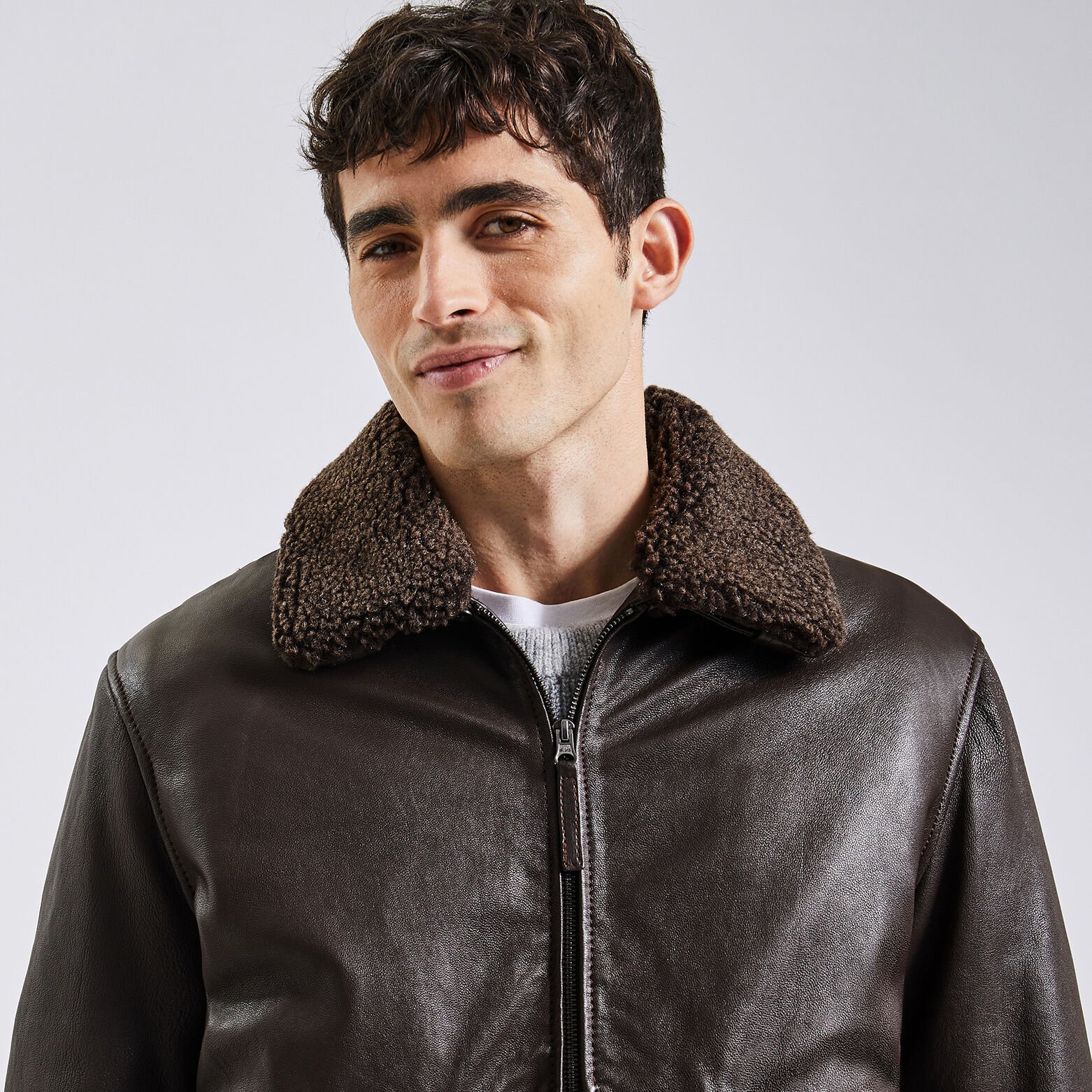 Blouson en cuir col moutonné amovible Marron