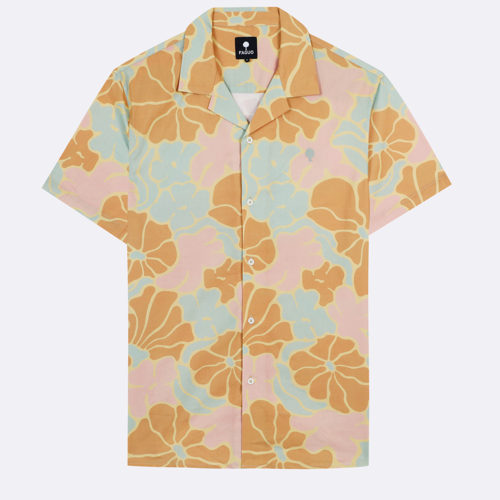 Chemise manches courtes vert clair & jaune orangé imprimé fleurs coton - modèle vimy