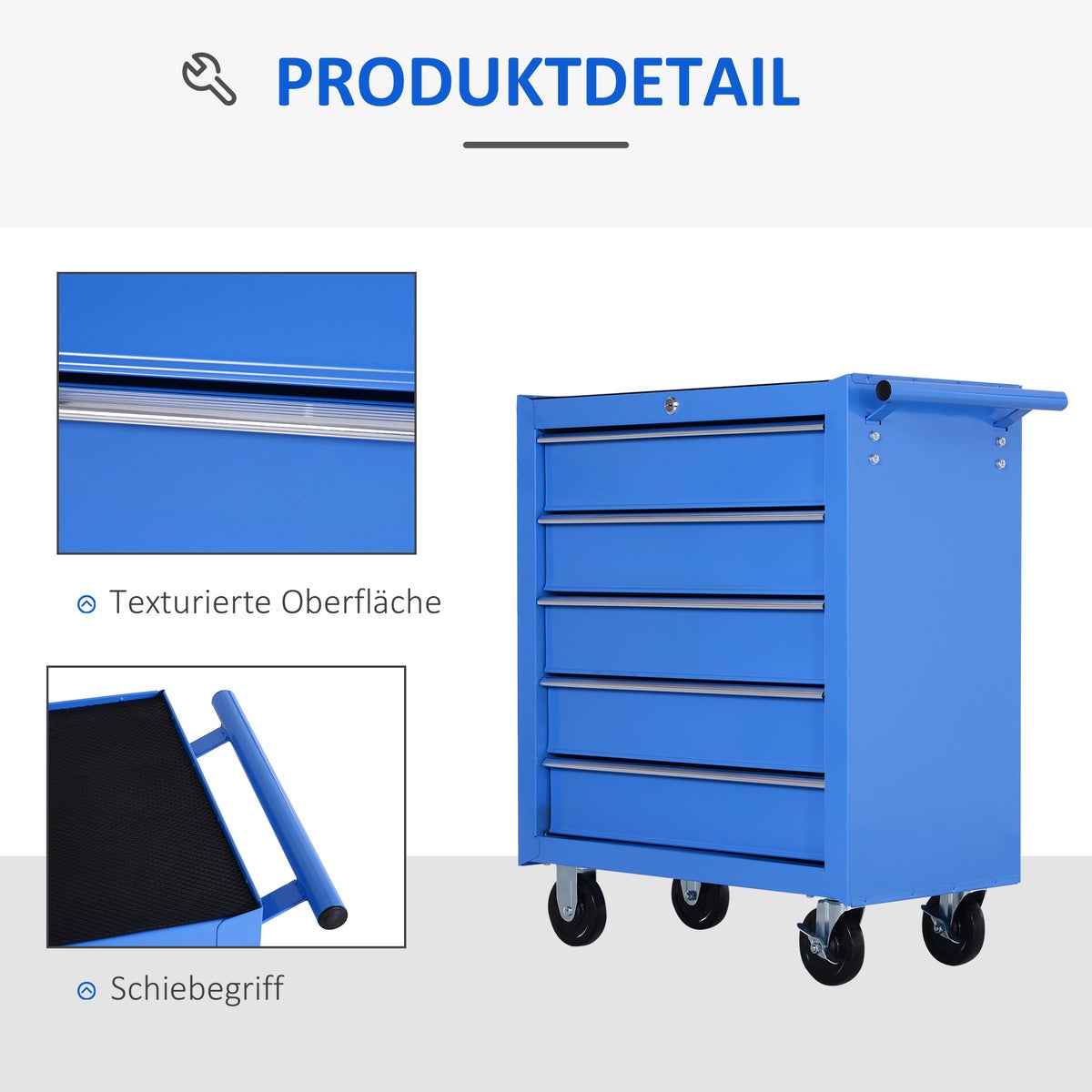HOMCOM, Mobiele Gereedschapswagen, Werkplaatswagen, 67,5L x 33B x 77H cm, Staal, Blauw