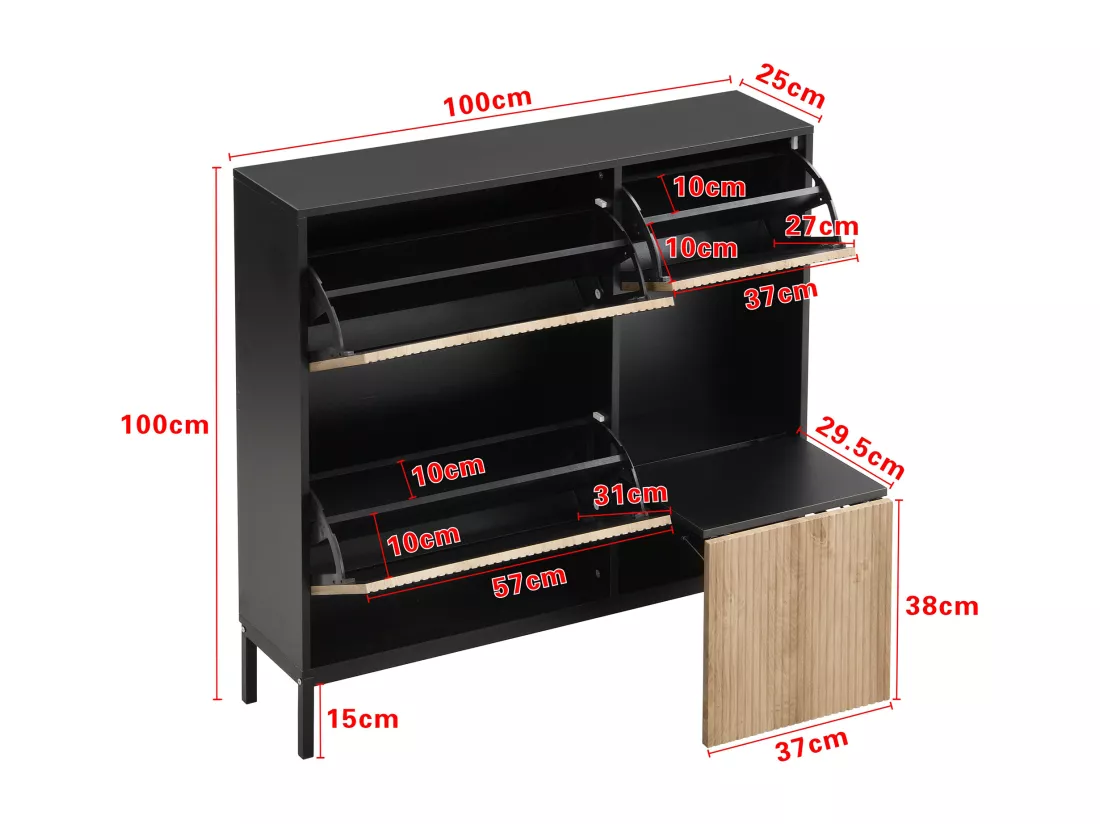 Meuble à chaussures avec banc pliable - 3 portes abattantes - Noir & Naturel