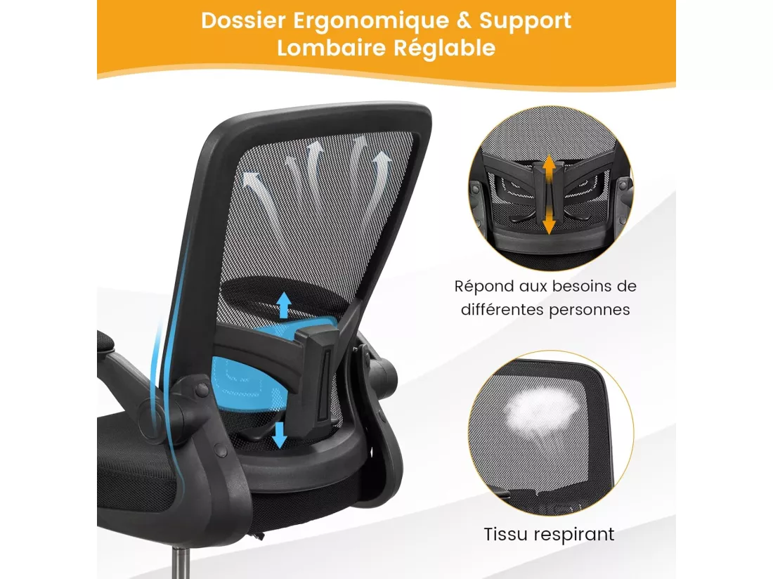 Chaise de Bureau Ergonomique en Maille, Chaise d'Ordinateur avec roulettes, Accoudoirs Rabattables, Repose-Pieds, Réglable en Hauteur, Cadre en Métal Solide, pour Bureau, Charge 120 kg