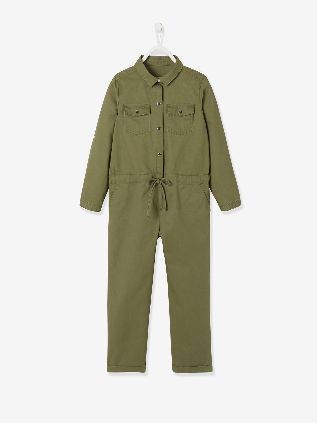 Macacão longo em tecido fluido, para meninas, verde escuro liso