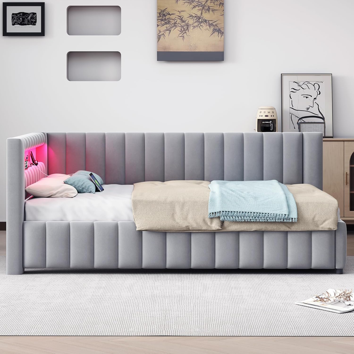 ANIROY L-förmige Schlafsofa 140x200cm, Samtstoff Polsterbett Daybett Sofabett mit LED und USB, Doppelbett Bettgestell mit Lattenrost und Rückenlehne (Hellgrau A)