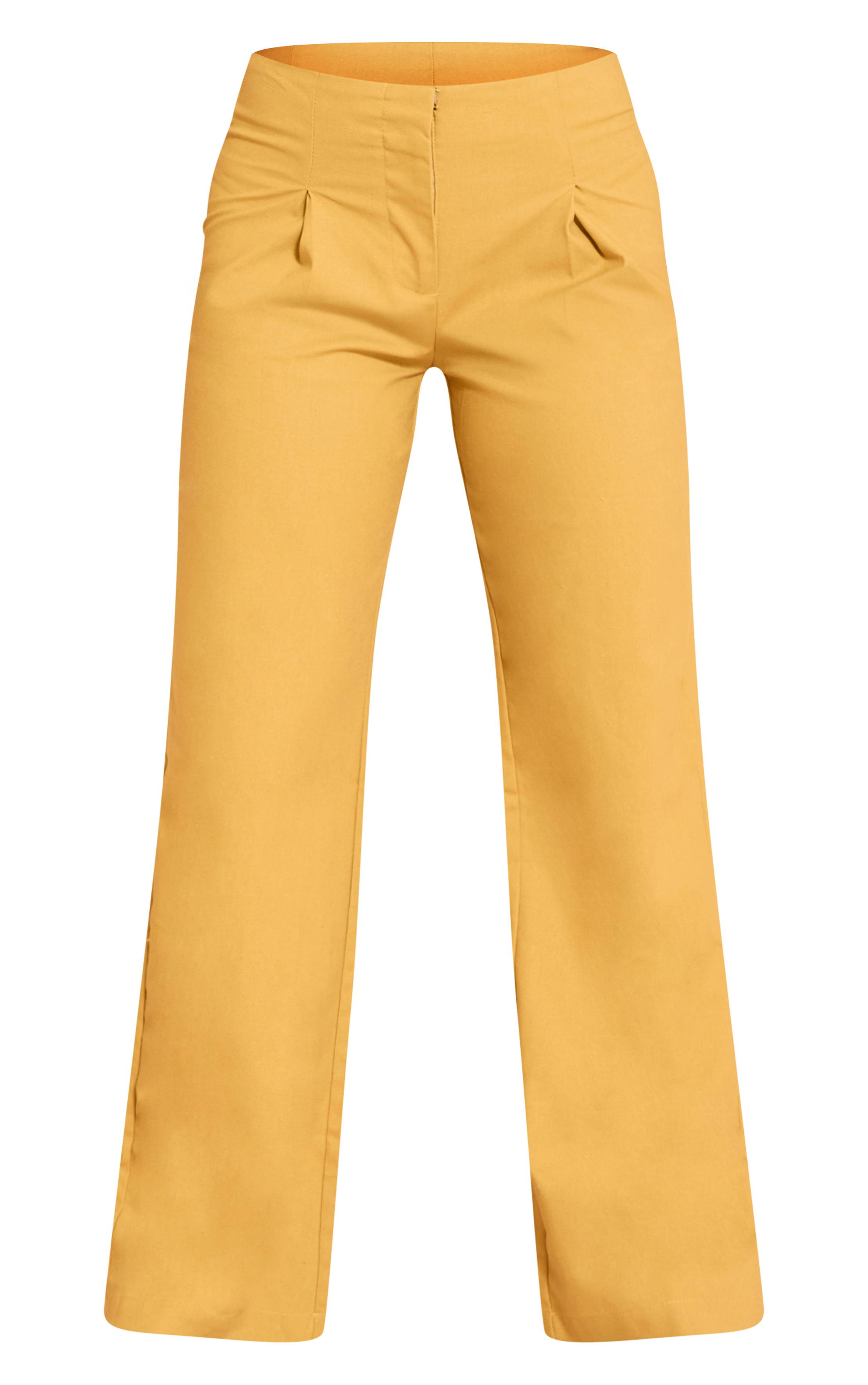 Moutarde Pantalon Droit Taille Mi-haute En Tissu Tissé
