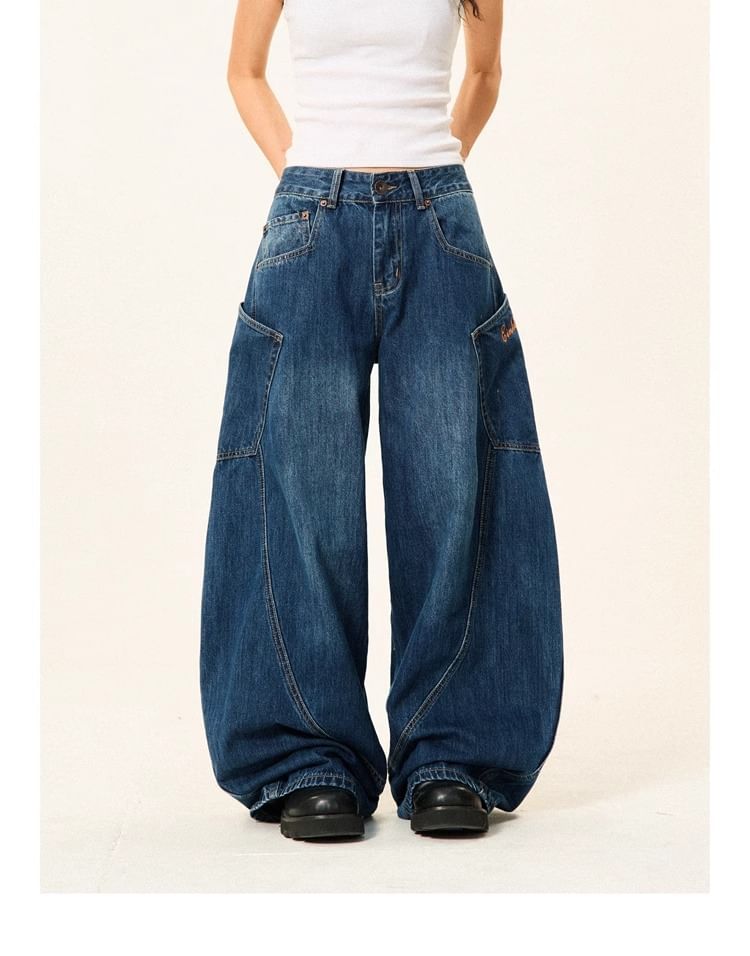 Rosesand - Lage taille gewassen losse wijde jeans