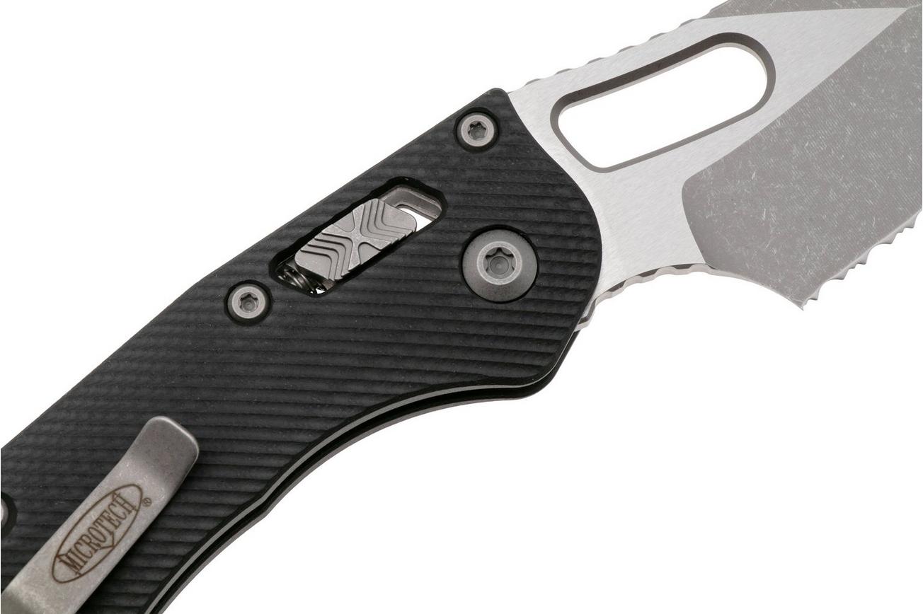 Microtech Stitch 169RL-11APFLGTBK, Apocalyptic Stonewashed M390MK, Fluted Black G10, partial serrated zakmes, Borka Blades design