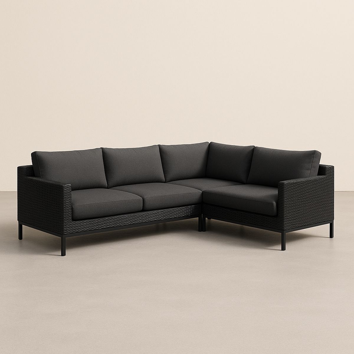 Ecksofa aus Aluminium und PE-Rattan in Dunkelgrau mit Polyesterkissen
