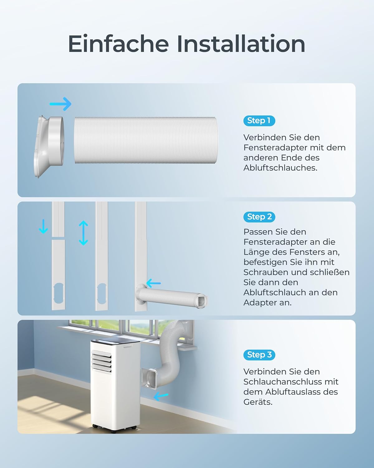 Klimaanlage Mobil - Klimagerät mit Abluftschlauch 7000 BTU | 4-in-1 Mobiles Klimagerät | Leiser Betrieb | Digitaldisplay + Fernbedienung | Fenster-Installationsset | 24h-Timer | Für Räume bis 20 m²