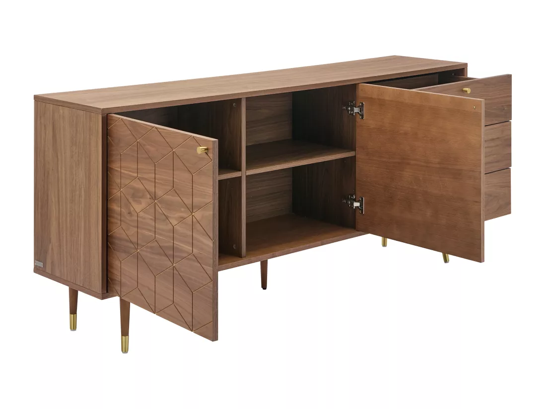 Buffet avec 2 portes et 3 tiroirs placage noyer - Naturel foncé et doré - PARIOMA