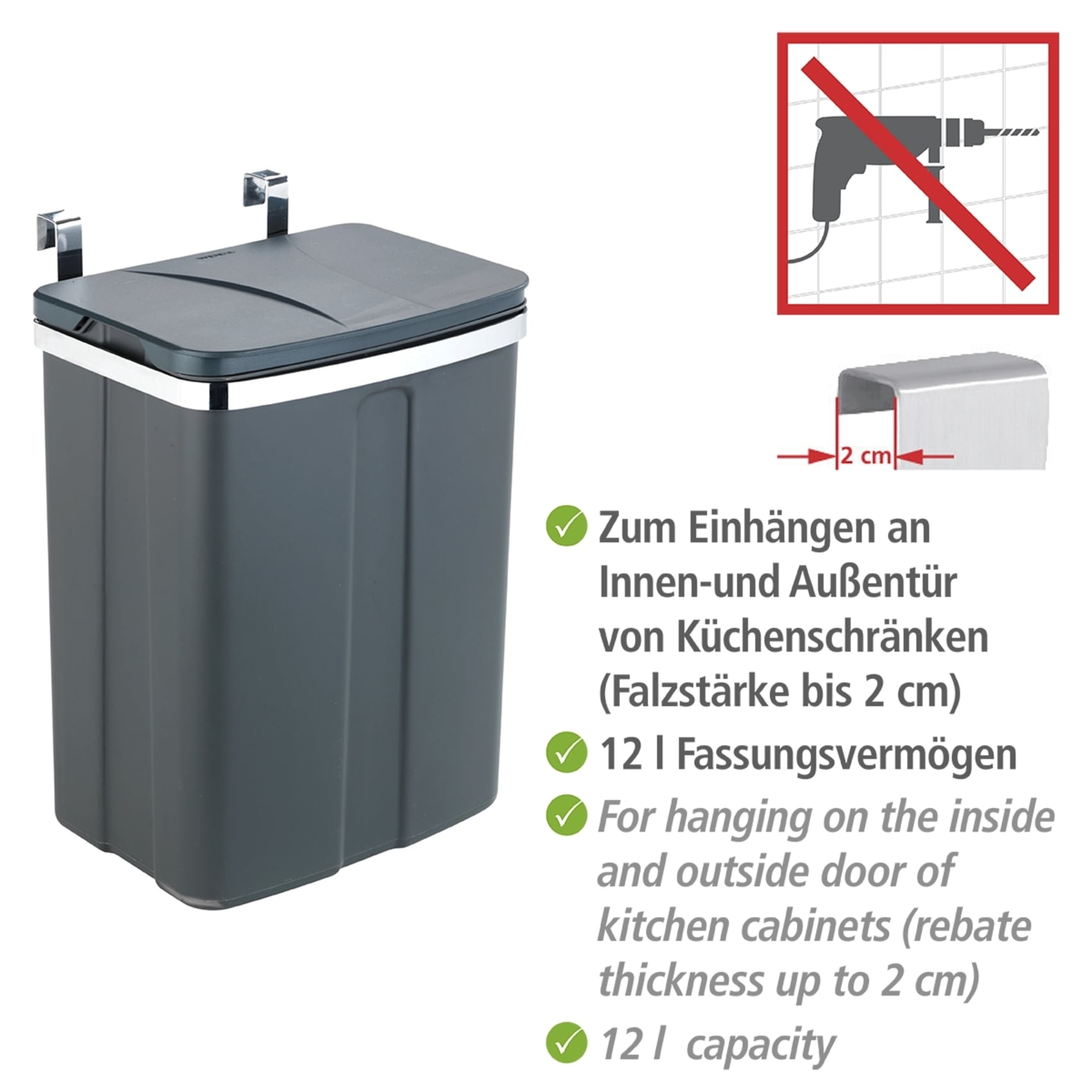 WENKO Mülleimer »Tür-Abfalleimer« 1 Behälter zum Einhängen in Schrank und Schublade, 12 L