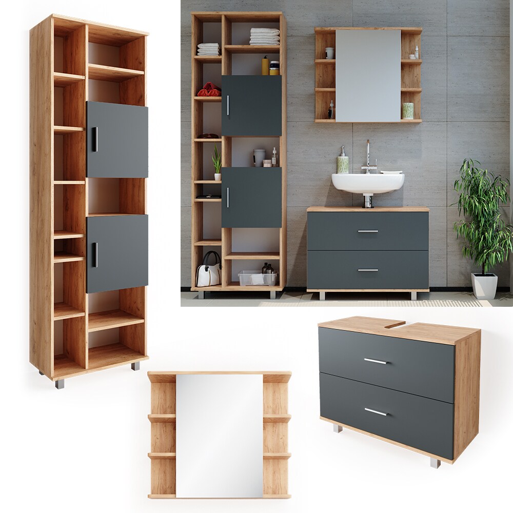 VICCO Badmöbel Set ILIAS Eiche Anthrazit Spiegel Kommode Unterschrank Badschrank