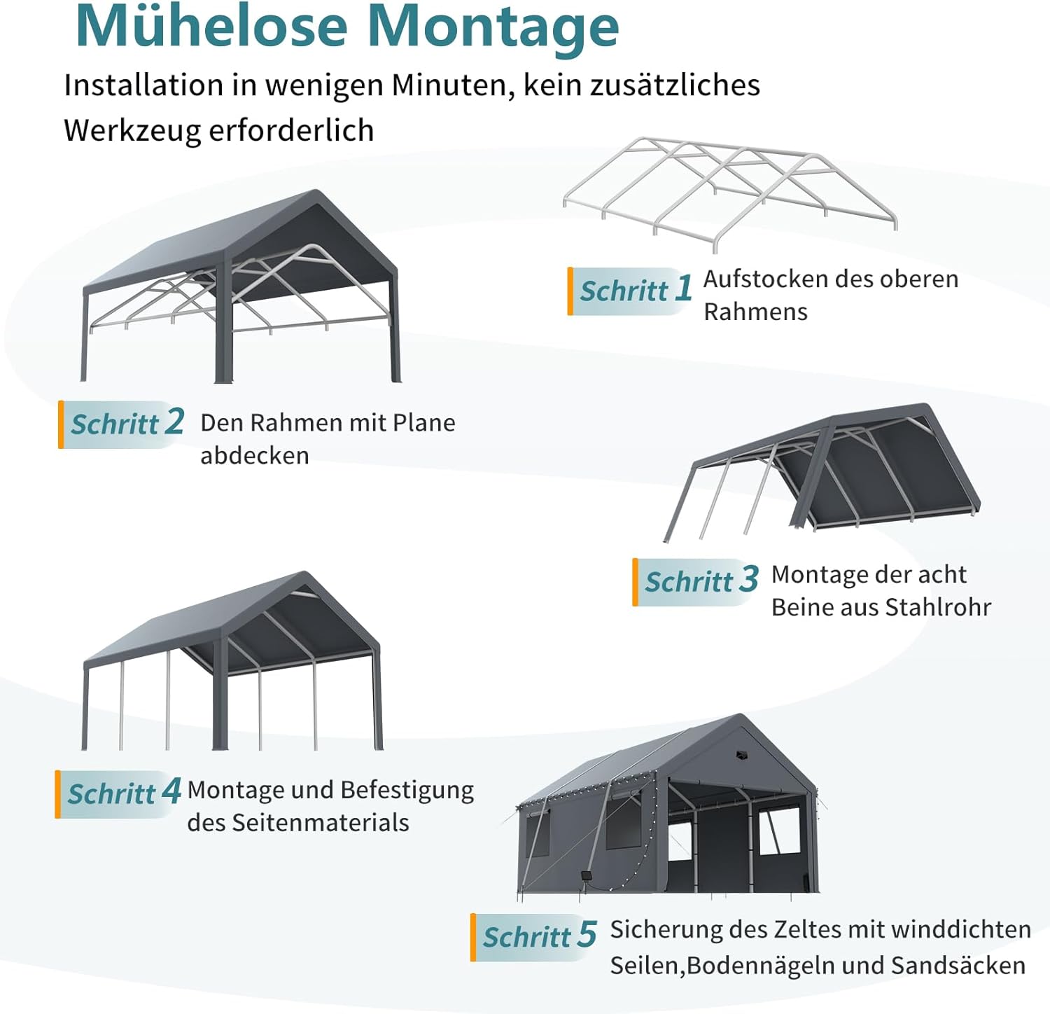 Carport Zeltgarage 3x5 m – extra großes Garagenzelt Winterfest mit Roll-up-Fenster für Auto, SUV, Boote & LKW – Seitenwände und Dach abnehmbar – Unterstand Lagerzelt oder Weidezelt