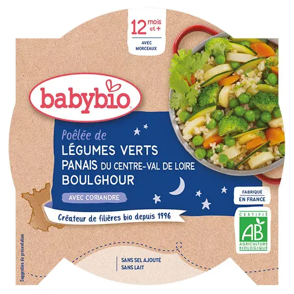 Prato Babybio para refeição noturna com vegetais verdes, pastinaca e trigo bulgur, +12 meses, orgânico, 230g