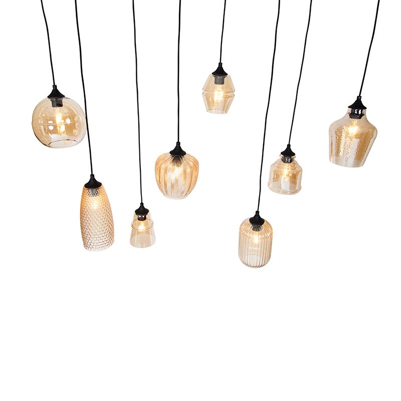 Art deco hanglamp zwart met amber glas 8-lichts - Hanne