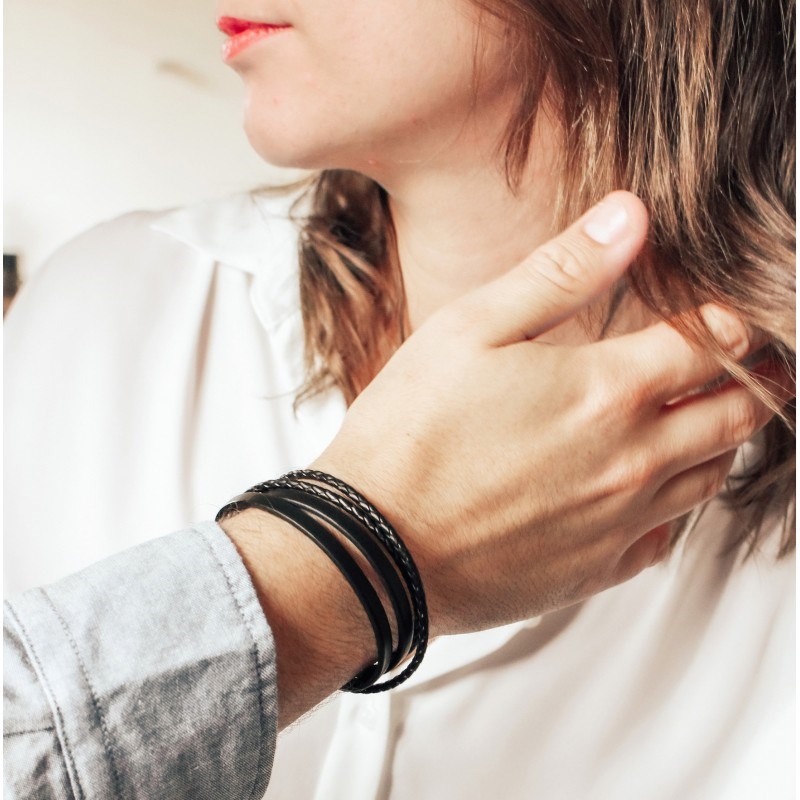 Bracelet cuir le mix noir homme - gravure MON CHERI