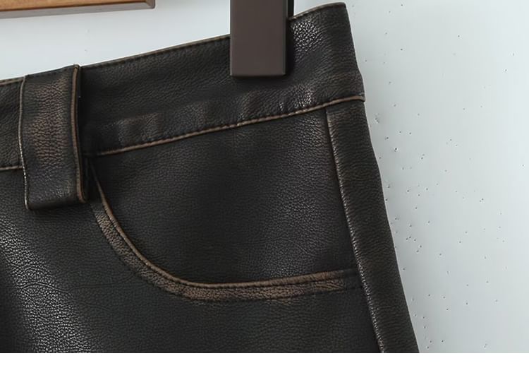 SugaYuja - Hoge taille, gewassen, geplooide, imitatieleren mini-A-lijn rok