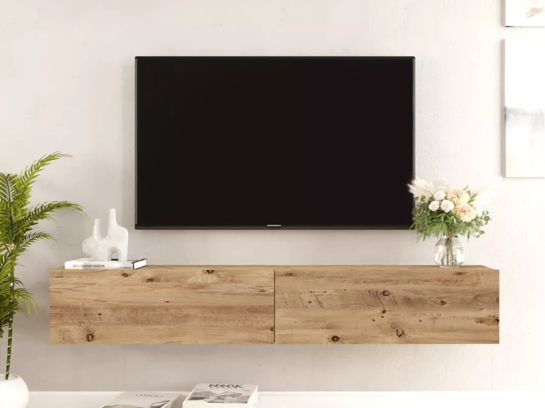 Meuble TV suspendu avec 2 portes - Naturel clair - AUBEPINA