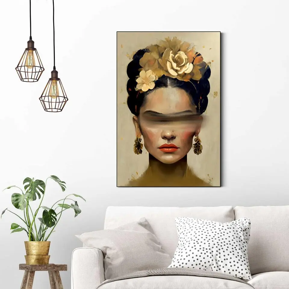 Schilderij Frida in oker - 90x60cm - Goudkleurig