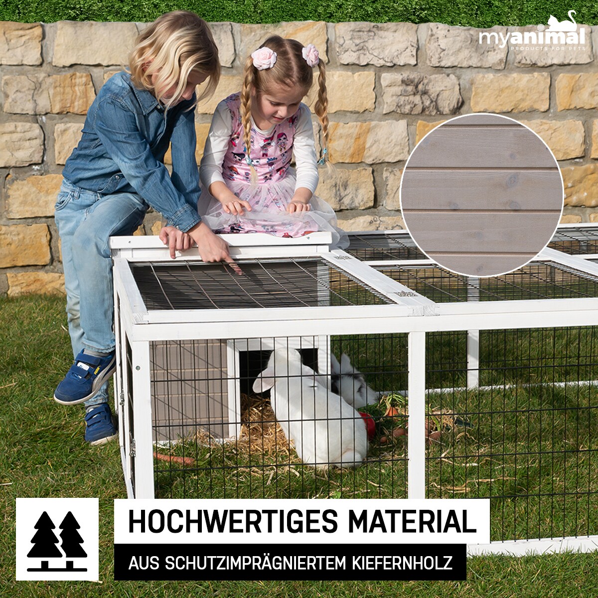 MyAnimal Hasenstall MH-08 Freilaufgehege, Kaninchenstall mit Haus, 3 Außentüren, verzinkter Draht