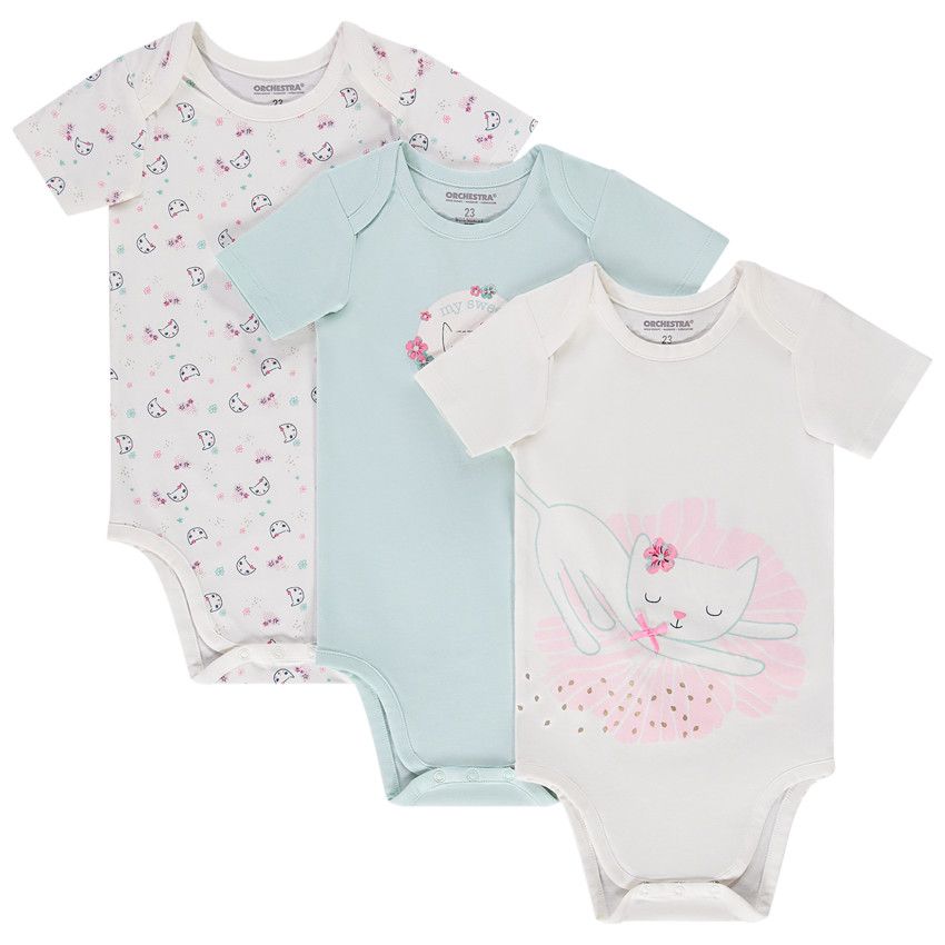 Lot de 3 bodies manches courtes motifs chat pour bébé fille avec ouvertures différentes selon l'âge - Ecru