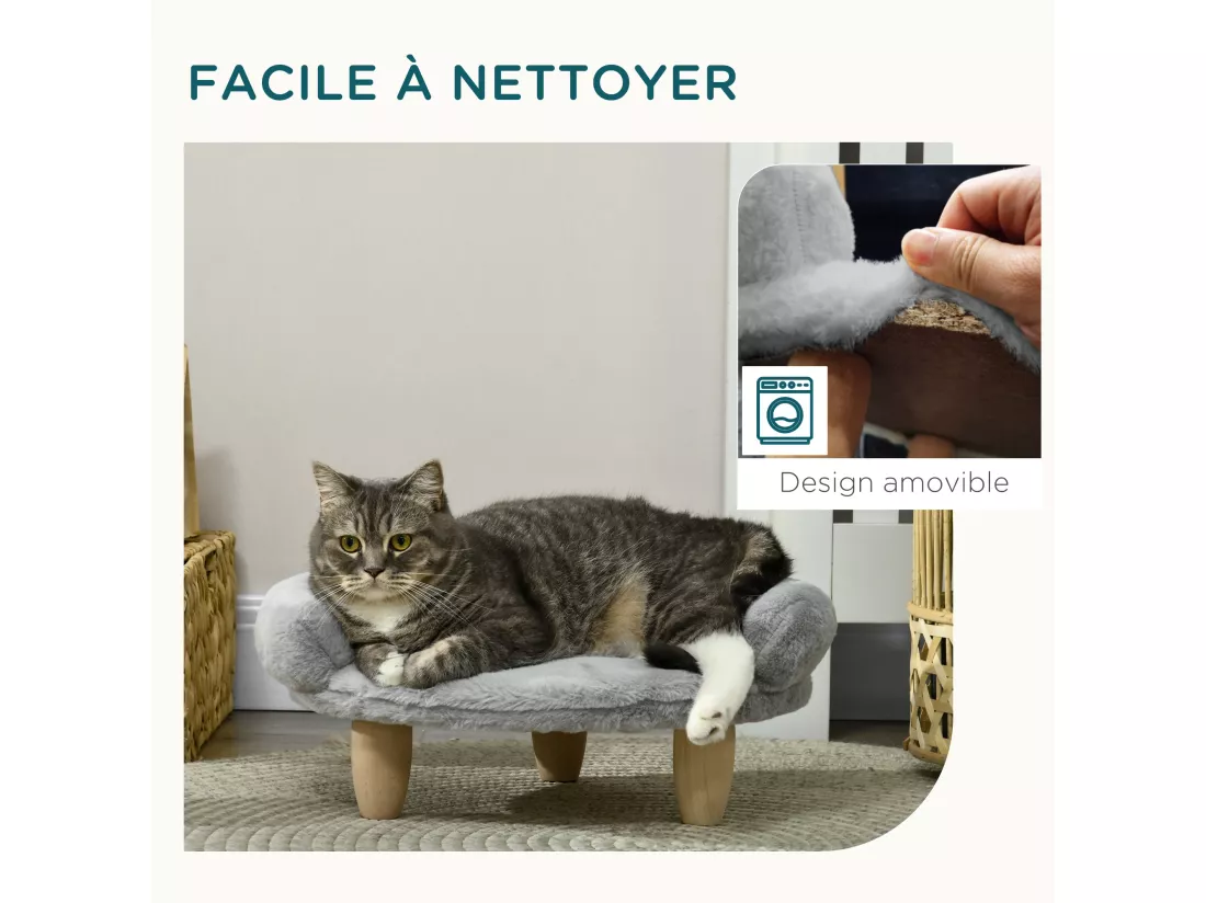 Canapé panier chien ou chat design scandinave housse amovible pieds en bois peluche douce gris