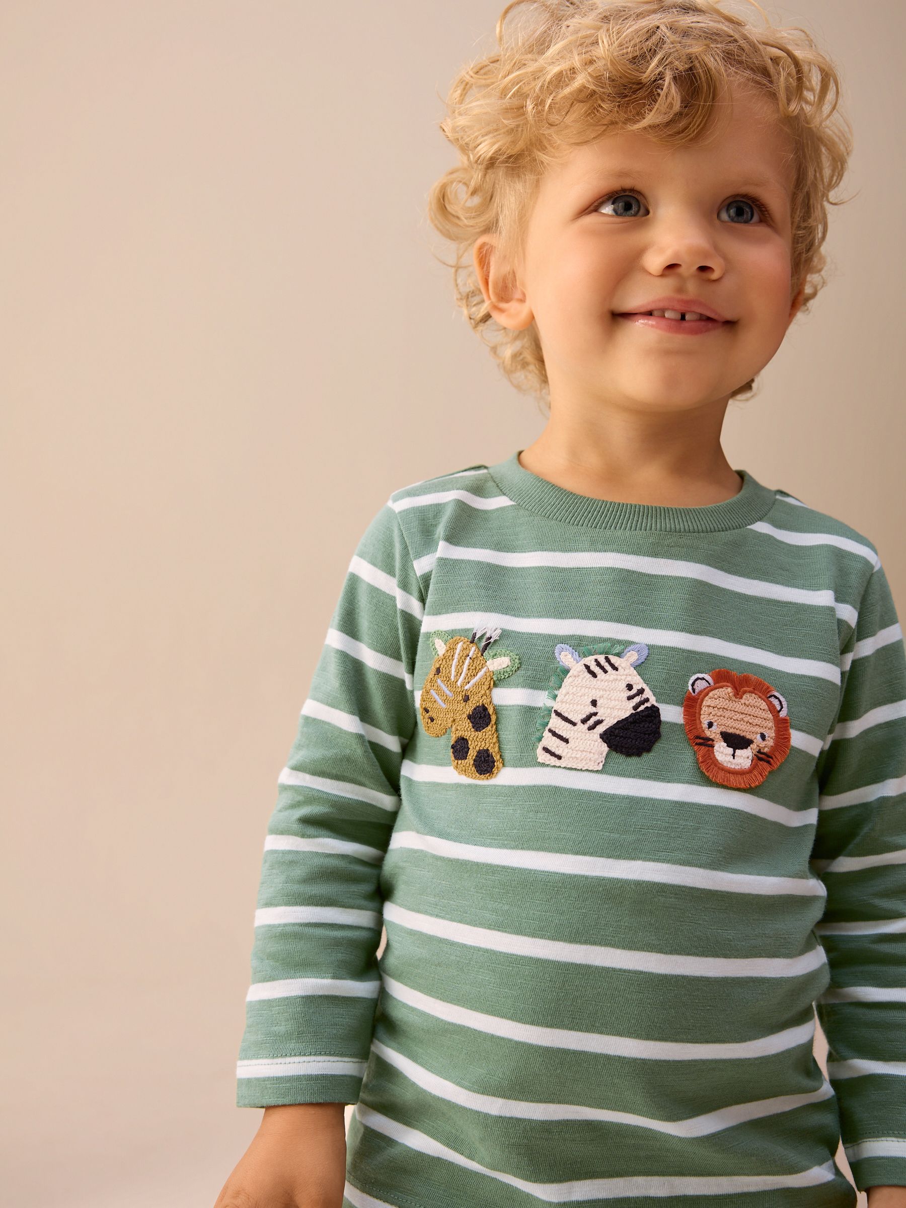 Groen/wit gestreepte safari - T-shirt met applicatie en lange mouwen (3 mnd-7 jr)