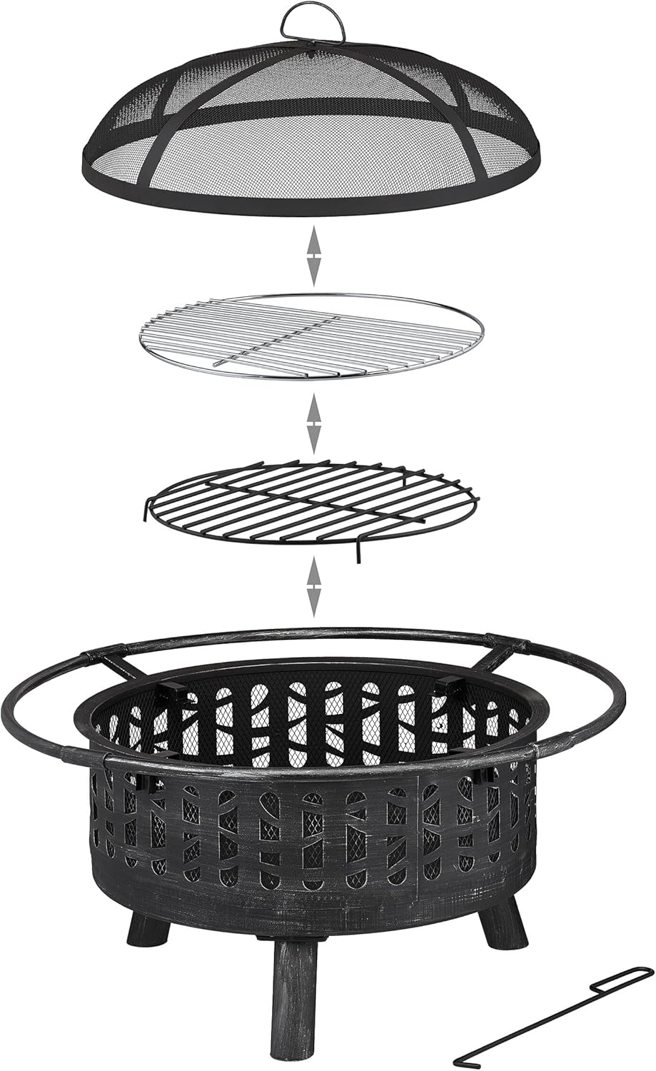 Relaxdays Feuerschale mit Grillrost & Funkenschutz, Schürhaken, Kohlerost, Ø 75 cm, Feuerstelle Garten, schwarz/Silber