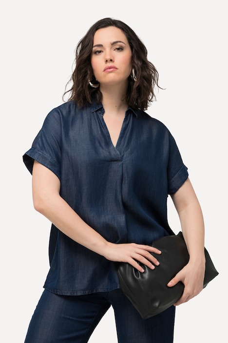 Lyocell-Bluse, Oversized, Hemdkragen, Halbarm
