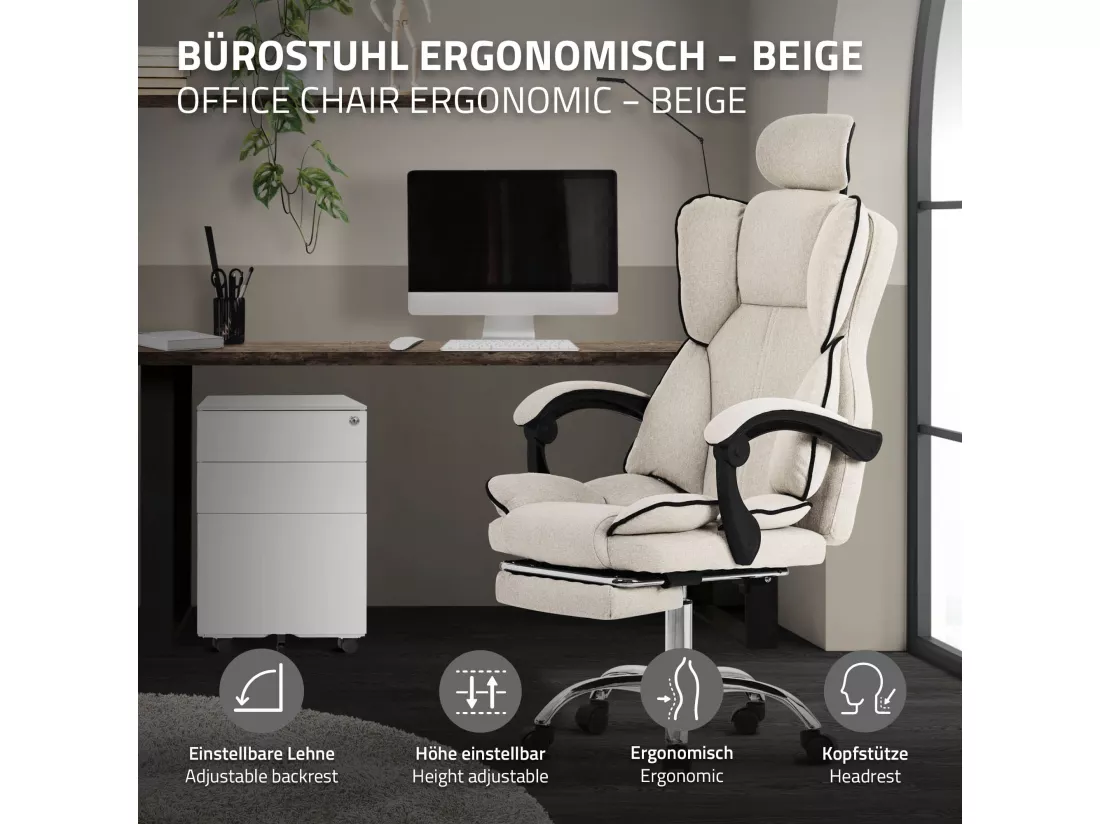 ML-Design Chaise de Bureau Ergonomique, Beige, Réglable en Hauteur avec Dossier Haut