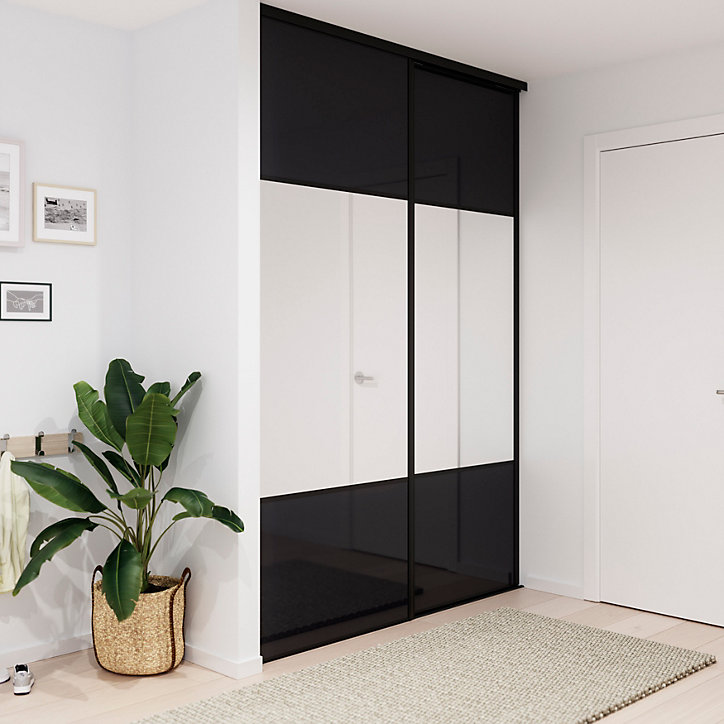 Porte de placard coulissante avec miroir noir profil noir GoodHome Arius H. 248,5 x L. 92.2 cm + amortisseurs