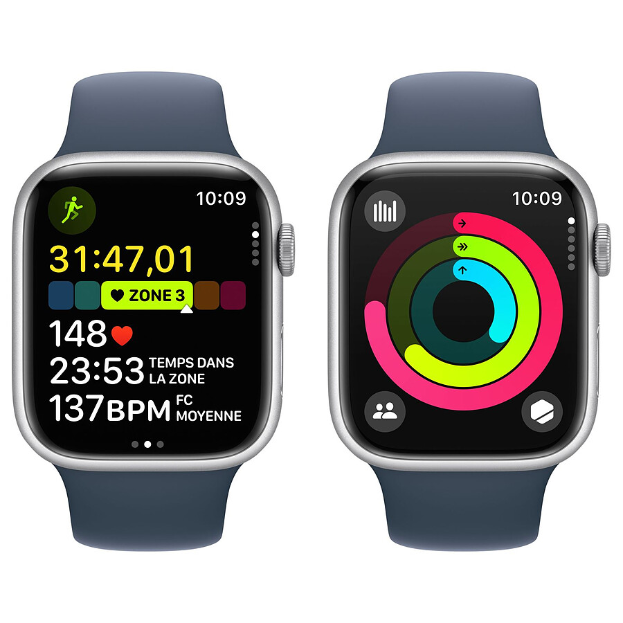 Apple Watch Series 9 GPS + Cellular - Aluminium Argent - Bracelet Sport Band Bleu - 45 mm - Taille M/L