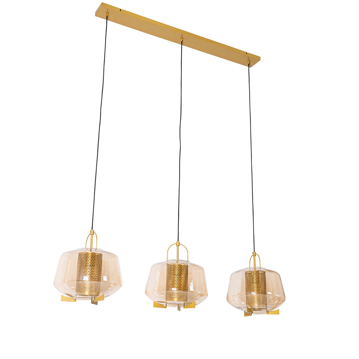 Hanglamp goud met amber glas 30 cm langwerpig 3-lichts - Kevin
