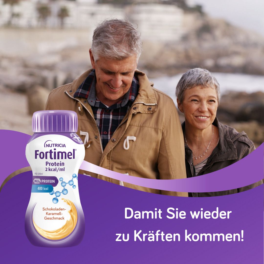 Fortimel® Protein 2 kcal Schokolade-Karamell, die eiweißreiche und hochkalorische Trinknahrung, die zudem ballaststoff- & glutenfrei, und laktosearm ist