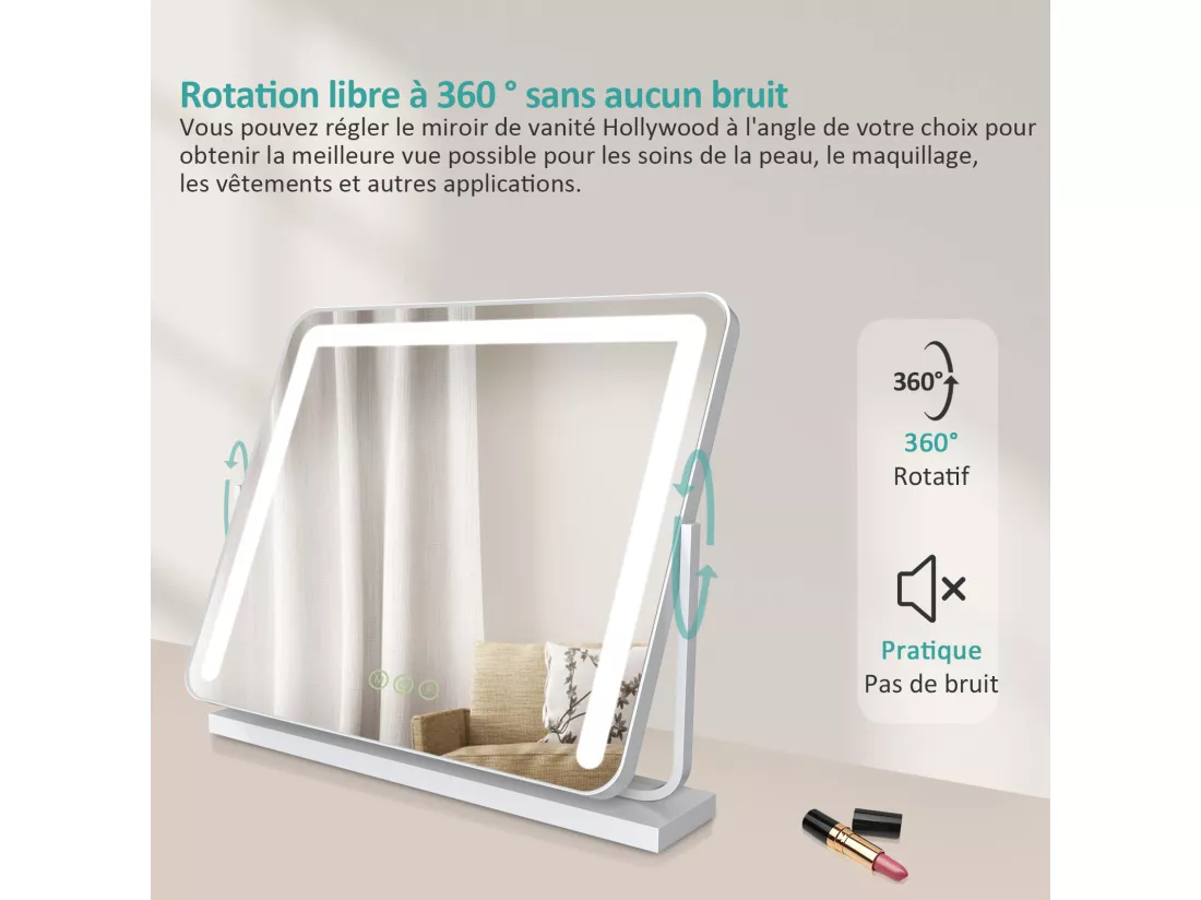 EMKE Miroir cosmétique 50x41.6cm, avec 3 LED de couleur à intensité variable, miroir carré blanc orientable sur 360°
