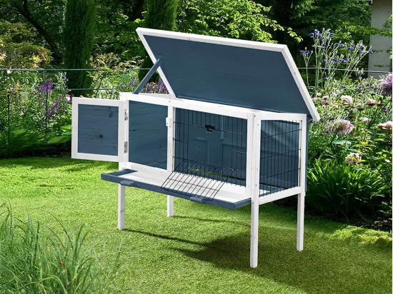 Clapier en bois sur pieds pour lapins et rongeurs - L. 91 x P. 45 x H. 70 cm - Bleu et Blanc - LAPIUS