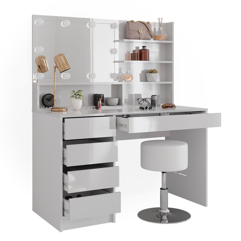 Vicco Schminktisch Sherry Weiß Hochglanz 120 x 75 cm Spiegelregal LED & Hocker