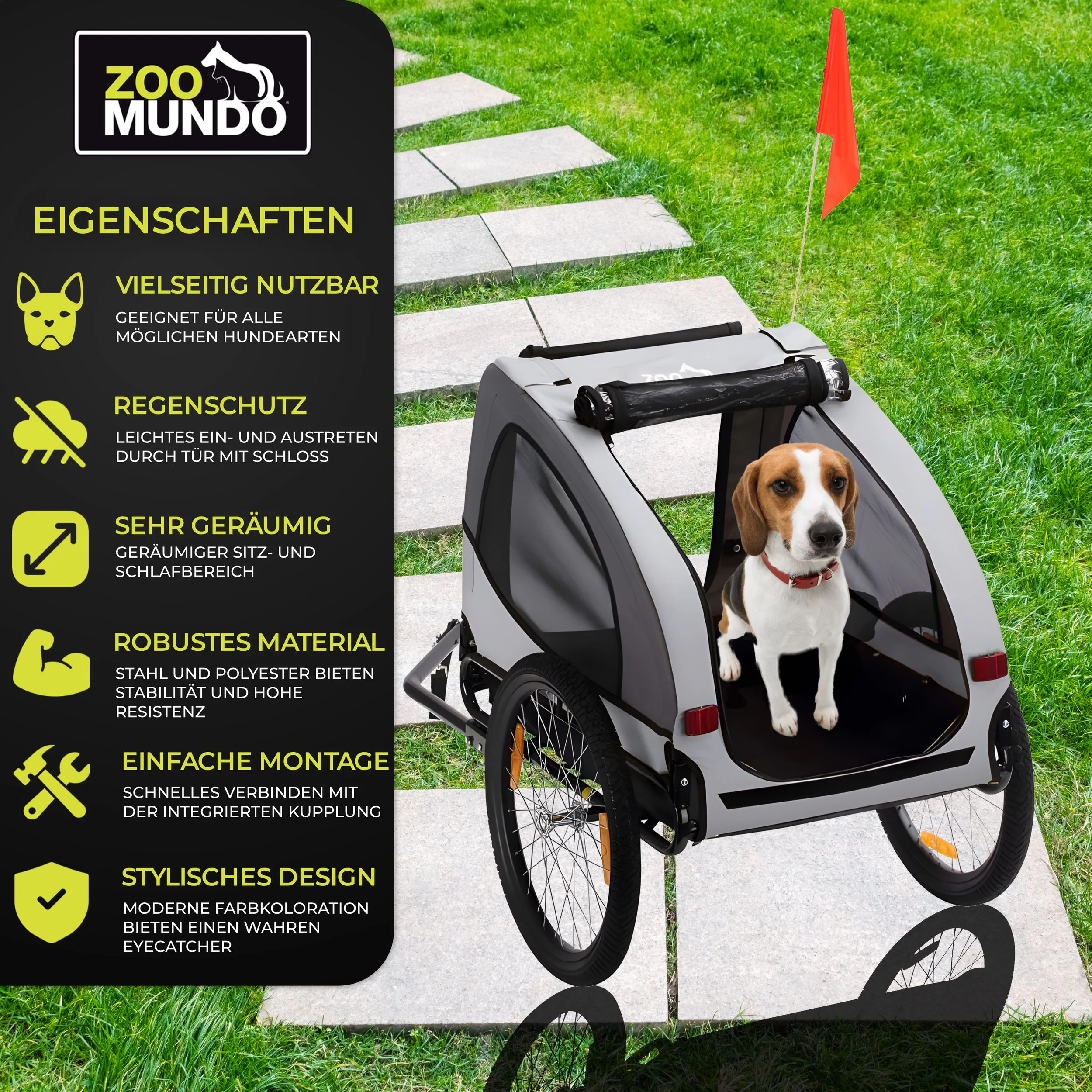 zoomundo Hundeanhänger Fahrradanhänger für Hunde - Buddy in Grau