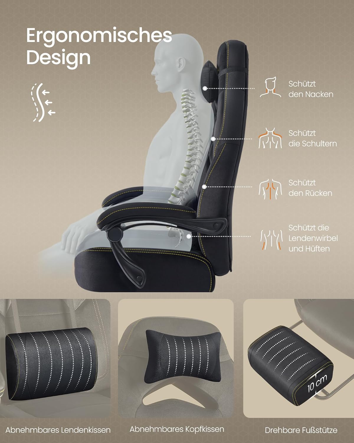 SONGMICS Gaming-Stuhl, Bürostuhl, Computerstuhl, ergonomisches Design, mit Fußstütze, verstellbares Kopfkissen, Lendenkissen, Tragkraft 150 kg, tintenschwarz OBG077B08