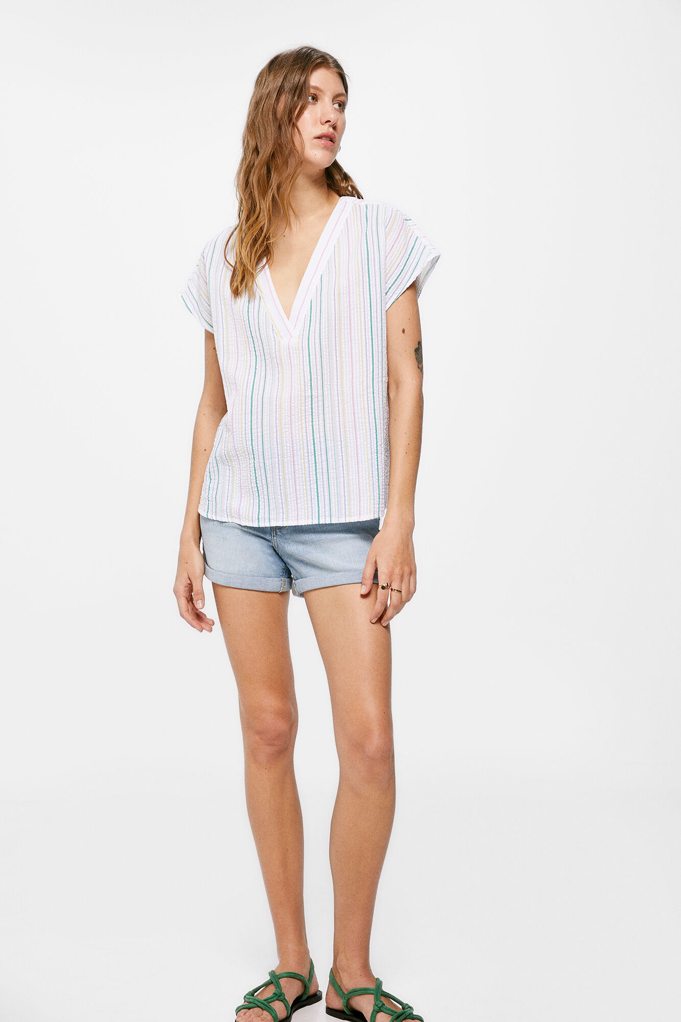 Blusa listrada de algodão - Amarela